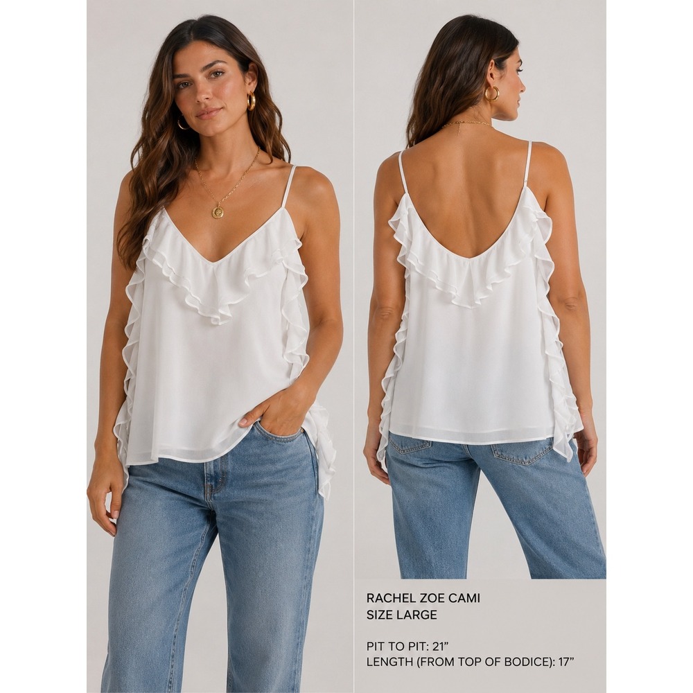 NWT Rachel Zoe‎ White Ruffle V-Neck Camisole Top Womens Large 1271501